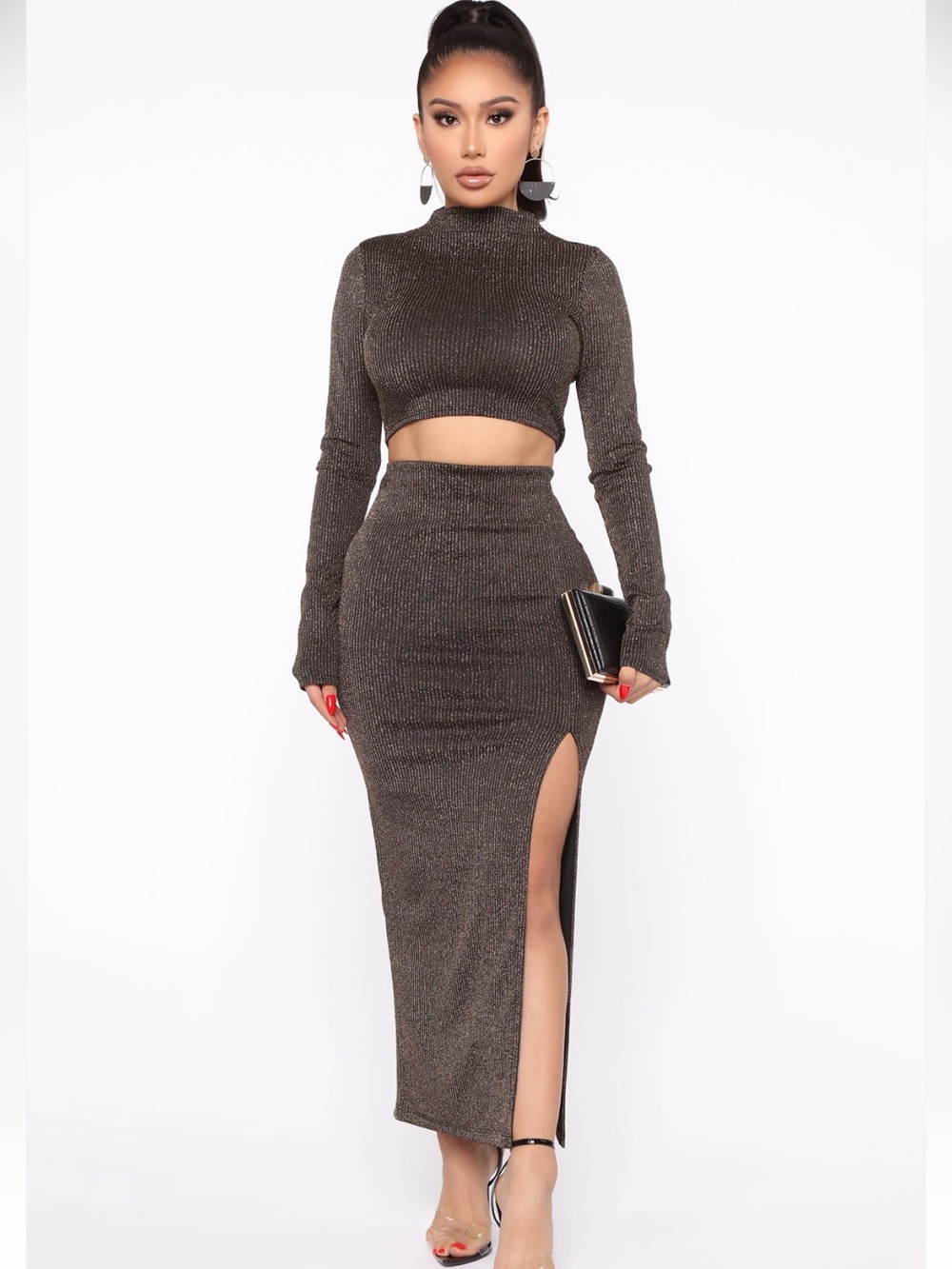Fashion Nova Matching Top and Skirt Set - Metallic Brown Ribbed Fabric